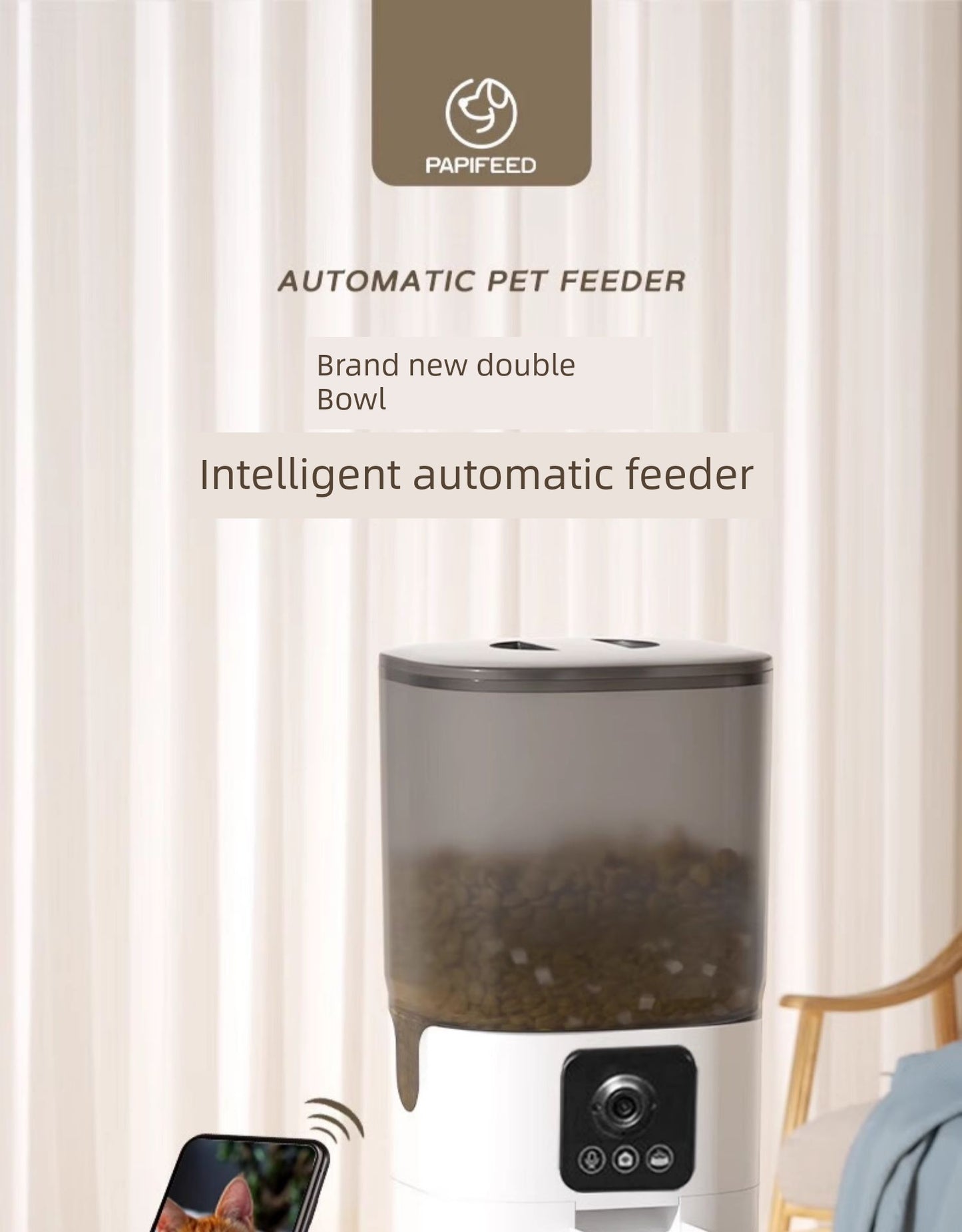 Papifeed Double Bowl Automatic Feeder Cat Dog Food Pet Timing Visual Intelligent Feeding Machine Large Capacity